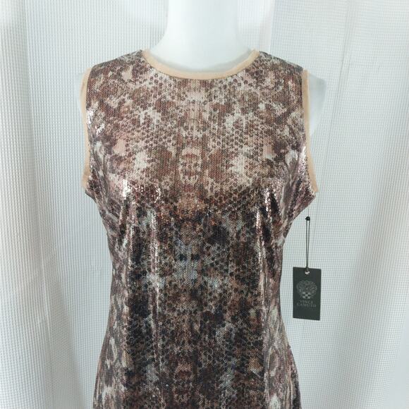 NWT@$128! VINCE CAMUTO! GOLD & AMBER BROWN MOTTLED SEQUINNED SHEATH DRESS! SZ 10 - Picture 3 of 10